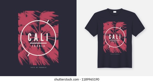 California vector t-shirt design with stylized palm tree. Global swatches.