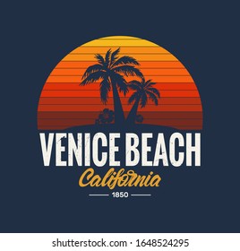 California Venice Beach Poster With Palm Trees And Cartoon Sunset . Summer .Tee Design For Print. Vector Fashion Illustration