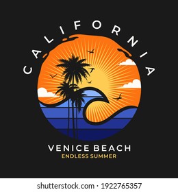 California ,VENICE BEACH stylish t-shirt and apparel trendy design with palm trees silhouettes, typography, print, vector illustration. Global swatches.

