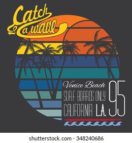 California Venice beach typography, t-shirt Printing design, Summer vector Badge Applique Label.