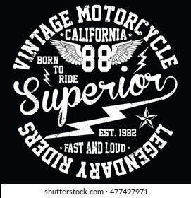 Tipografía de motocicleta de época de California, gráficos de camisetas, vectores