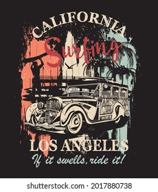 California Vintage Poster With Palm,surf,beach And Retro Woody Car.