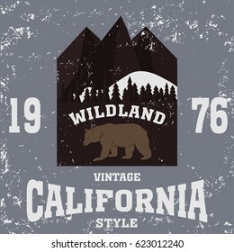 california vintage style grizzly Bear print wildland - vector Adventure typography, poster with mountains and trees snow