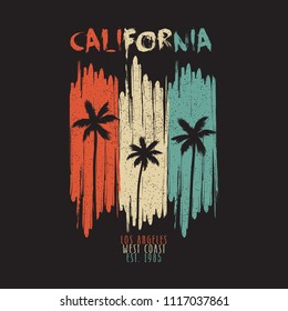 California vintage t-shirt typography with palm trees and grunge. Los Angeles original apparel design for summer clothes print. Vector illustration.