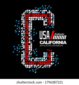 California. Vintage typography design vector illustration. Clothing, apparel and other uses. Abstract design with grunge and denim style. Vector typography print poster. Global swatches.