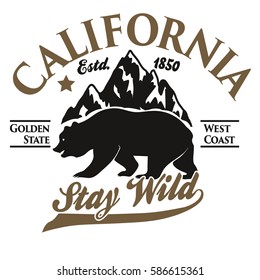 California vintage typography, grizzly Bear print, Design for t-shirt. Golden State Clothing emblem. Vector