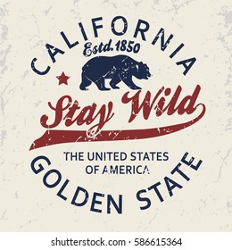 California vintage typography, grizzly Bear print, Design for t-shirt. Golden State Clothing emblem. Vector