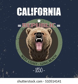 California vintage typography with a head of a grizzly Bear, t-shirt print graphics