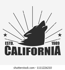 California vintage typography, Head of Wolf print, Design for t-shirt. Clothing emblem.