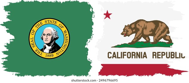 California and Washington states grunge brush flags connection, vector