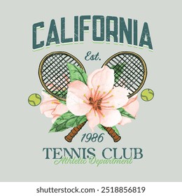 California, flor de acuarela, diseño de camiseta del club de tenis de Los Ángeles. Camiseta de estilo universitario con pelota de tenis. Ropa deportiva estampada. Ilustración vectorial. Club de tenis Equipo de chicas Universidad de Cordón de Nueva York