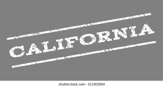 California watermark stamp. Text caption between parallel lines with grunge design style. Rubber seal stamp with unclean texture. Vector white color ink imprint on a gray background.