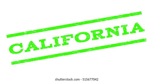 California watermark stamp. Text caption between parallel lines with grunge design style. Rubber seal stamp with scratched texture. Vector light green color ink imprint on a white background.