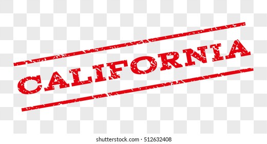 California watermark stamp. Text tag between parallel lines with grunge design style. Rubber seal stamp with unclean texture. Vector red color ink imprint on a chess transparent background.