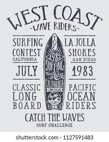 California wave rider longboard surfing contest, vintage vector print for boy or man summer wear t shirt 