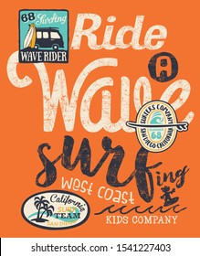 California wave rider surfing kid cute surf vector print for children wear with applique patches grunge effect in separate layer