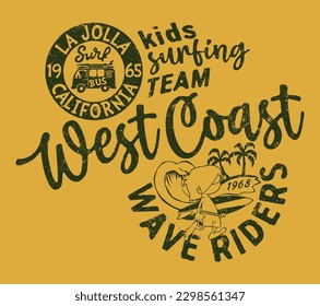 California wave riders kids surfing team vector print for summer children wear grunge effect in separate layer