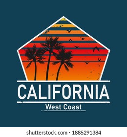California west coast surf illustration, vectors, t-shirt graphics surfing apparel t shirt fashion design, summer beach palm tree tee graphic, typographic art, state west coast travel souvenir
