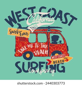 California West Coast surf van tour abstract cute vector artwork for children kid t shirt beach and summer wear