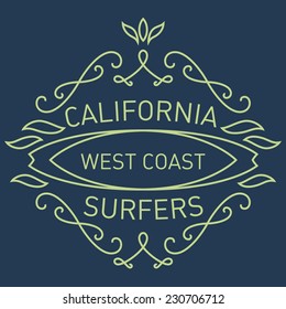 California west coast surfers. Monograms style. Vector artwork for t-shirt print. Simple monogram design template.