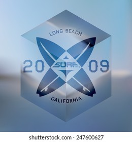 California west coast surfers. Vector artwork with blurred ocean on background. Simple design template with elegant logo and abstract glass cube on blurry backdrop.