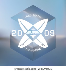 California west coast surfers. Vector artwork with blurred ocean on background. Simple design template with elegant logo and abstract glass cube on blurry backdrop.