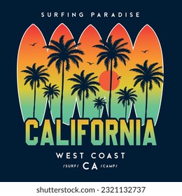 Costa Oeste de California, Paraíso de Surf, Sólo Vibes de Verano, Playa de California. Texto de verano con ilustraciones vectoriales de ondas. Ilustración de Wave Vector de playa.