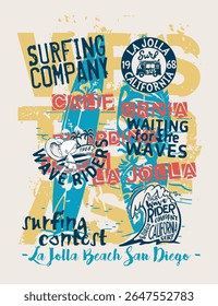 California West Coast surfing team  wave riders cute vector print  for children kids t shirt beach and summer wear