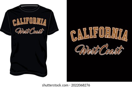 California West coast. Typography text Chest print t shirt design Isolated on Black Template view. Apparel t shirt design vector art illustration.