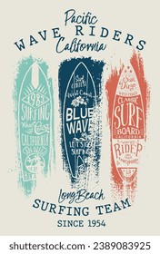 California West Coast wave rider surfing team grunge vintage surfboard vector print for kids boy summer wear tee shirt