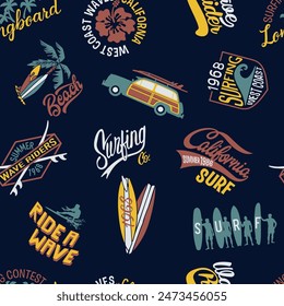 Kalifornien West Coast Wave Rider Surfing Elemente und Abzeichen Vintage Vektorgrafik nahtlose Muster für Jungen Kid Stoff Shirt Board kurze Sommer Bekleidung