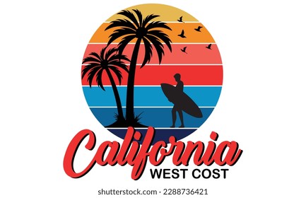 California West Cost T-shirt Design Vector  Illustration And Apparel Trendy Design With Palm Trees Silhouettes With Surfing Man, Typography, Print, vector Illustration. Vector Print Design Artwork