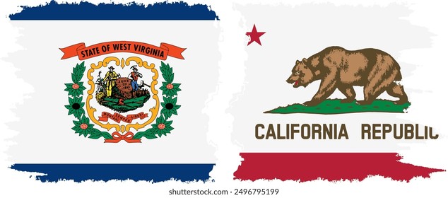 California and West Virginia states grunge brush flags connection, vector