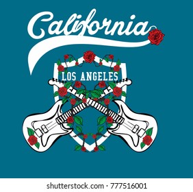 California Wild Rose and guitar College style graphic design vector art