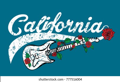 California Wild Rose And Guitar College Style Graphic Design Vector Art