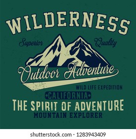 California wilderness, mountain explorer, outdoor adventure typography, t-shirt graphics, vectors