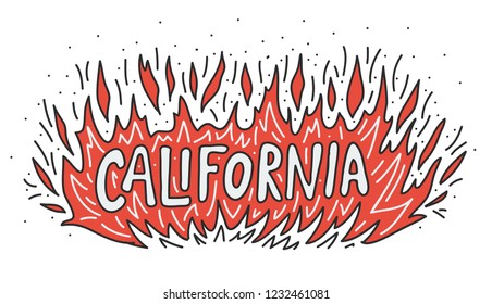 California Wildfire Camp burns out concept. Flame Fire with text hand lettering. Vector illustration. Black, red and white. Support after wildfires in the southern California. Design banner, poster.