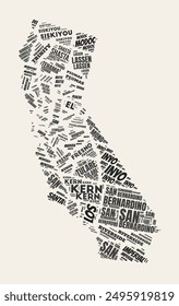 California Word Cloud. State with counties division. California typographic text clouds vector image design. Vintage gazette style state shape image. Stylish vector illustration.