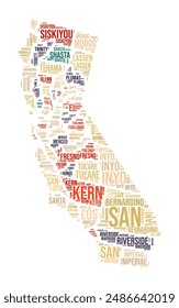 California Word Cloud. State shape with county division. California typography style image. County names tag clouds. Vector illustration.