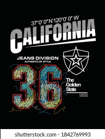 California.Colorful typography in scribble and chaotic sketch.Clothing,t-shirt,apparel and other uses.Vector illustration,Eps10.