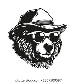 Californian bear with grasses in the ranger hat. Hand drawn vector illustration.  svg
