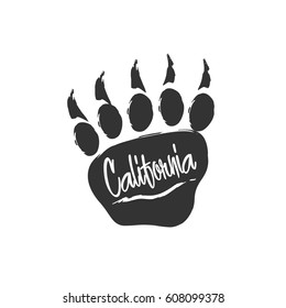 Californian bear paw print. Bear footprint with lettering and scratch. Stamp for apparel, t-shirt, textile. Vector illustration