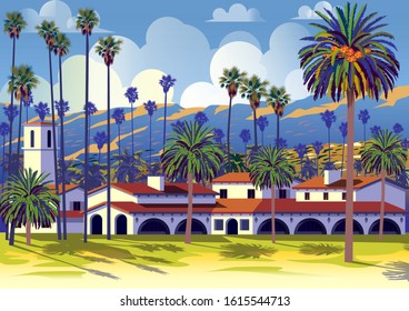 Californian cityscape with palm trees, houses and mountains in the background.  Handmade drawing vector illustration. Retro style Poster.