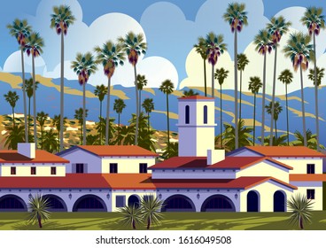 Californian cityscape with palm trees, houses and mountains in the background.  Handmade drawing vector illustration. Retro style Poster.