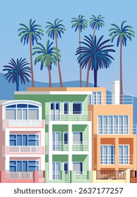 Californian summer cityscape with modern villas, palm trees and mountains in the background. Handmade drawing trendy colorful expressive vector illustration.