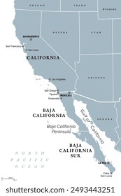 Las Californias, una región de Norteamérica, tienen un mapa político gris. Abarcando los Estados Unidos y México, compuesto por los estados de California y México, Baja California y Baja California Sur.