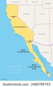 The Californias, a region of North America, political map. Spanning the United States and Mexico, consisting of the U.S. state California and Mexican states Baja California and Baja California Sur.