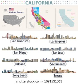 California's vector high detailed map showing counties formations. Skylines of major cities of California