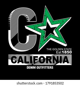 California.Vintage and typography design in vector illustration.clothing,apparel and other uses.Abstract design with the grunge and denim style. Vector print, typography, poster. Global swatches.