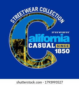 California.Vintage and typography design in vector illustration.clothing,apparel and other uses.Abstract design with the grunge and denim style. Vector print, typography, poster. Global swatches.